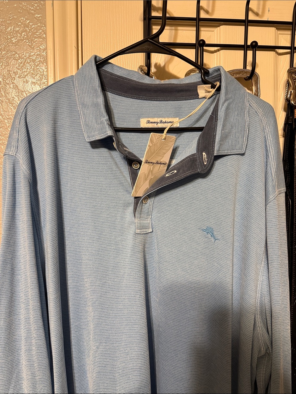 Tommy Bahama Pale Blue Long Sleeve Polo with Contrast Collar